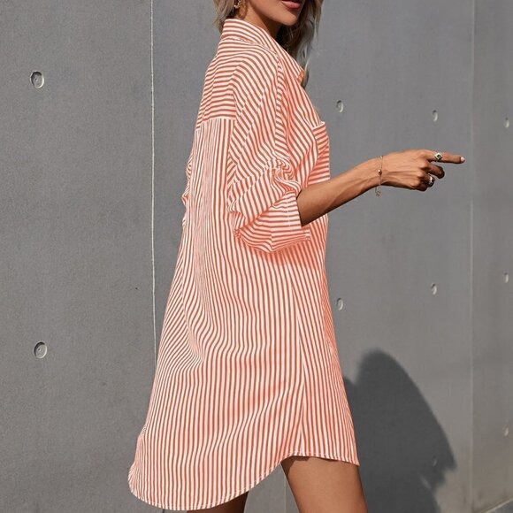 Coral Orange Casual Women's Striped Rolled Sleeve Shirt Dress - Picture 2 of 5